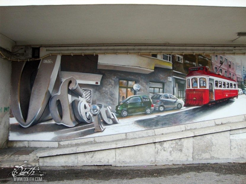 Solid-Graffiti-Letters-and-Traditional-tourists-Lisbon-red-Tram-Mural-Odeith-Lisboa-Portugal